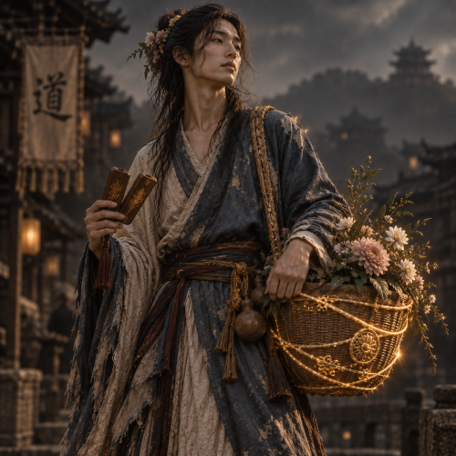 Lan Caihe, the androgynous Chinese immortal, standing in a dark ancient village
