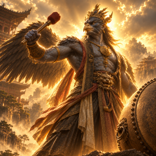 Lei Gong, the Chinese God of Thunder, stands with a large drum and mallet