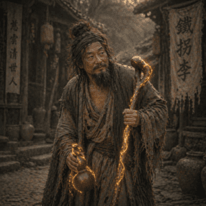 Image of Li Tieguai, the legendary Daoist immortal known for his healing powers and crutch-bearing appearance.