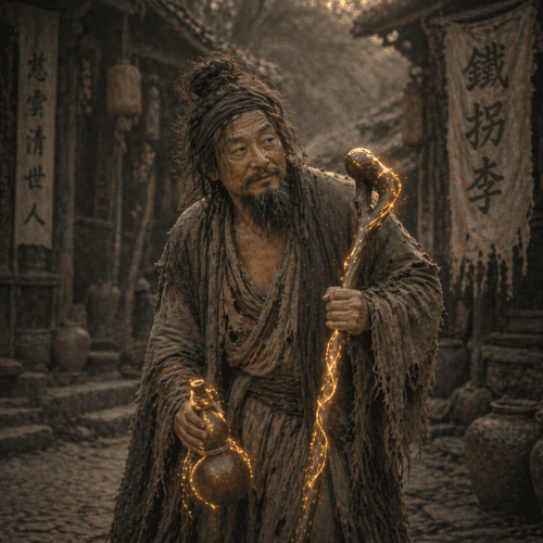 Image of Li Tieguai, the legendary Daoist immortal known for his healing powers and crutch-bearing appearance.