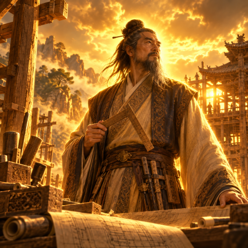 Lu Ban, the legendary Chinese master craftsman, holding a carpenter’s square at an ancient temple construction site