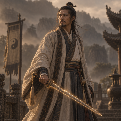 Lu Dongbin, the Chinese Daoist immortal, stands in traditional robes holding a golden-lined magical sword