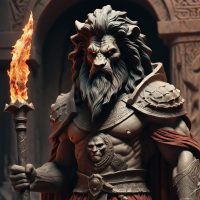 The Lion headed Mesopotamian god of the underworld Nergal inside a dark abyss