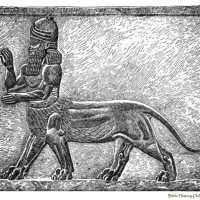 Ancient carving of the The Lion headed Mesopotamian god of the underworld Nergal