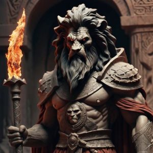 The Lion headed Mesopotamian god of the underworld Nergal inside a dark abyss