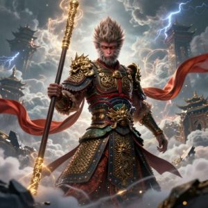 Sun Wukong, the Monkey King from Chinese legends, depicted as a powerful anthropomorphic monkey warrior