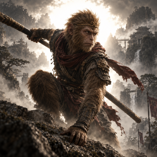 Sun Wukong, the Monkey King, crouches on a rugged mountain ledge with his magical staff