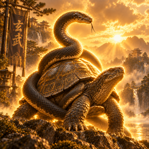 Xuanwu, the Chinese mythological guardian of the north, depicted as a tortoise entwined by a serpent