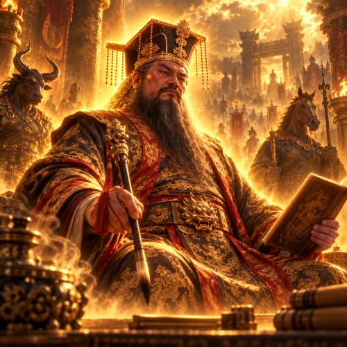 Yanwang, the Chinese underworld judge, seated in ornate robes with a divine golden glow, holding a judgment brush and ledger