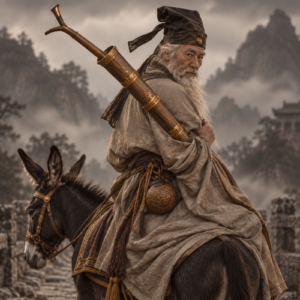 Zhang Guolao, an elderly Chinese Daoist immortal with a long white beard, rides a black donkey backward through misty mountains