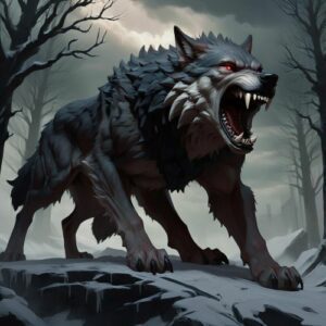 Image of Fenrir, the monstrous wolf of Norse mythology, symbolizing chaos, destruction, and destiny.