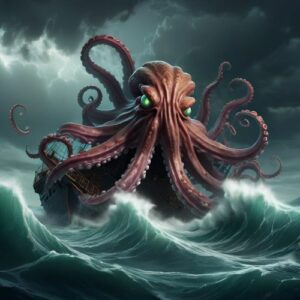 Image of the Kraken, the legendary sea monster, depicted with massive tentacles rising from turbulent ocean waters.