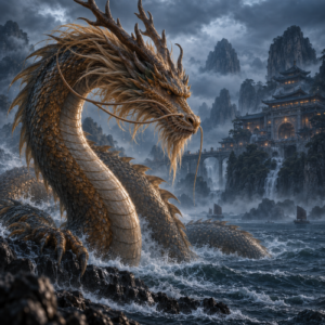 Ao Guang, the Chinese Dragon King of the East Sea, rising from stormy waters