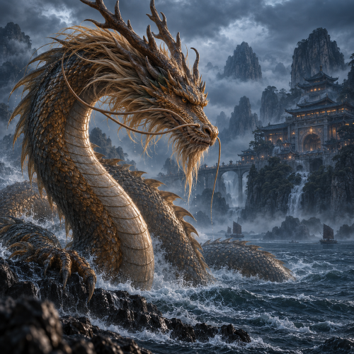 Ao Guang, the Chinese Dragon King of the East Sea, rising from stormy waters