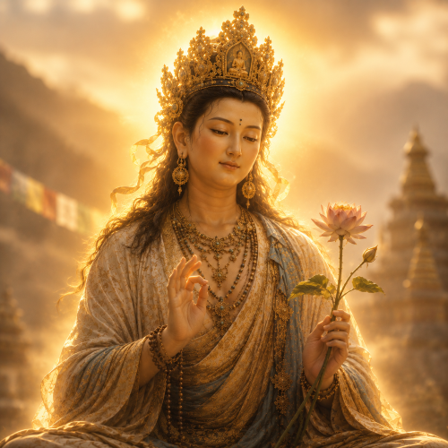 Avalokiteshvara (Chenrezig), the Tibetan Bodhisattva of Compassion, holding a lotus flower and radiating a subtle golden divine glow