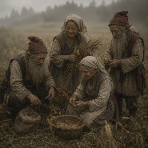 A group of Barstukai harvesting grain in a misty Baltic field, dressed in traditional rustic clothing.