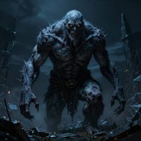 Mythlok - Draugr A towering Draugr emerging from a broken burial mound at night,