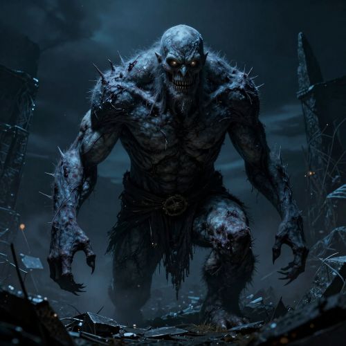 A towering Draugr emerging from a broken burial mound at night,