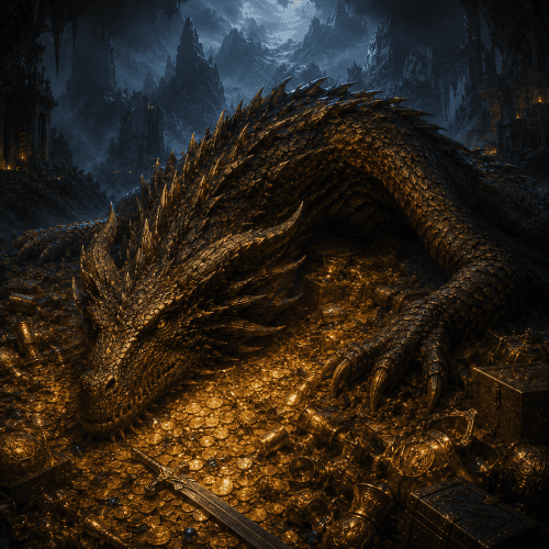 Fafnir, the legendary dragon of Norse mythology, resting atop the cursed treasure of Andvari inside a dark mountain cavern, surrounded by piles of gold, weapons, and ancient artifacts.