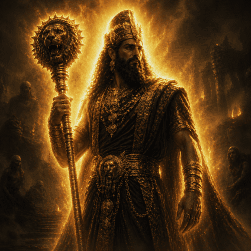 The Mesopotamian god of the underworld Nergal inside a dark abyss