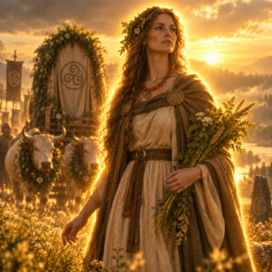 Nerthus, the ancient Germanic earth goddess, during a sacred procession with oxen, a ceremonial wagon, wheat, herbs, and wildflowers.