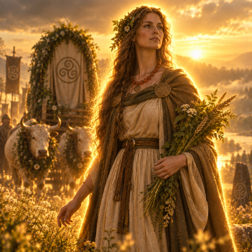 Nerthus, the ancient Germanic earth goddess, during a sacred procession with oxen, a ceremonial wagon, wheat, herbs, and wildflowers.