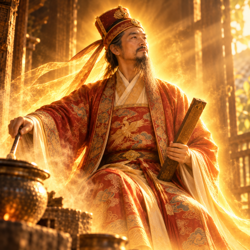 Ong Tao, the Vietnamese Kitchen God, seated beside a traditional hearth in richly embroidered red and gold robes
