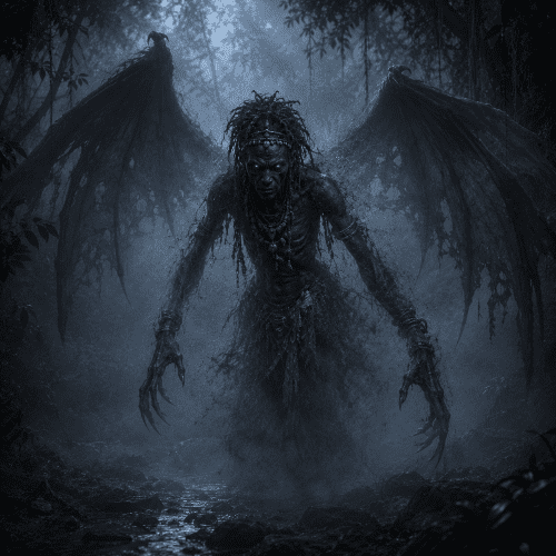 Image of Sasabonsam, vampire-like forest spirit from Ashanti folklore.