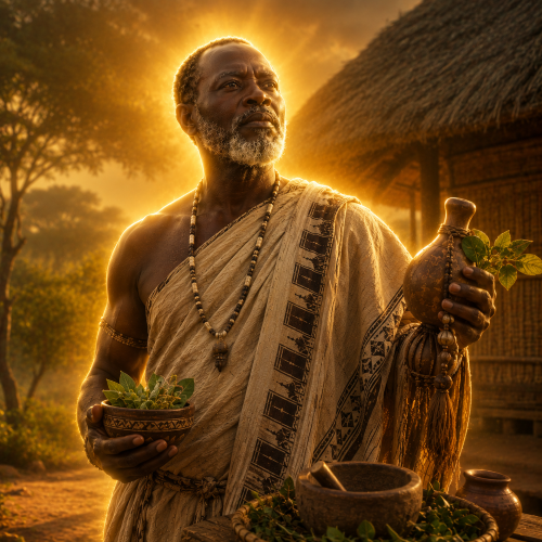 Wanga, the Baganda god of healing and divination, holding medicinal herbs beneath a radiant golden divine glow.