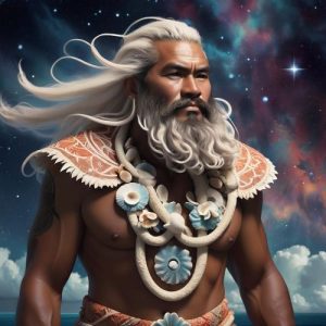 Thaitian creator god Roua standing under the night sky