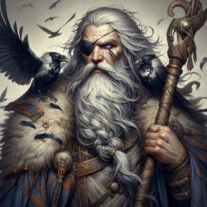 Image of Odin, the All-Father of Norse mythology, depicted with his ravens and spear Gungnir.
