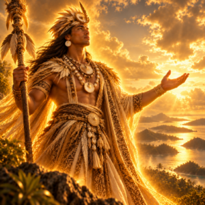 Anulap, the Chuukese sky god of knowledge and magic, standing above a tropical Micronesian island landscape