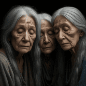 Image of the Graeae, three ancient Greek sisters who share one eye and one tooth.