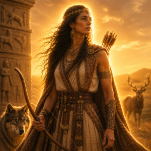 Inara, the Hittite goddess of the wild animals, standing in the golden Anatolian steppe