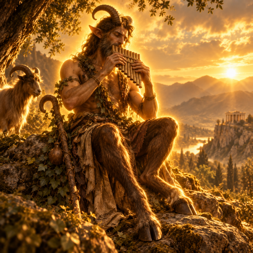 Pan, the Greek god of the wild, seated among the mountains of Arcadia playing his pan flute, with goat legs, horns, and a divine golden glow.