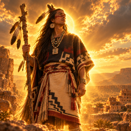 Sotuknang, a Hopi divine figure, standing on a desert mesa in traditional woven clothing with a feathered staff
