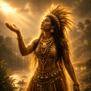 Rain-soaked goddess Abeguwo under golden rays