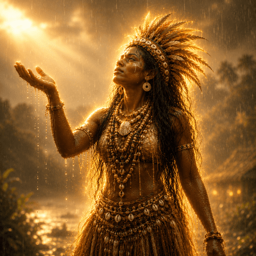 Rain-soaked goddess Abeguwo under golden rays