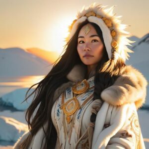 The Alaskan Sun goddess Akycha standing in the Alaskan landscape