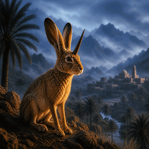 Image of Al Miraj, mythical one-horned rabbit from Arabian folklore.