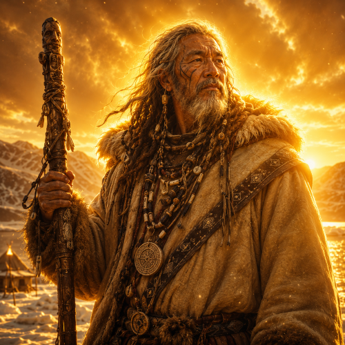 Anguta, the Inuit guide of souls, standing in a golden-lit Arctic landscape with a subtle divine glow.