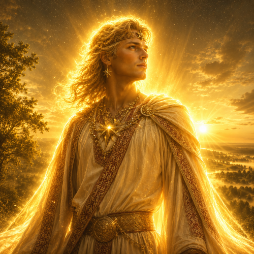 Auseklis, the Baltic morning star deity, surrounded by a divine golden glow at sunrise.
