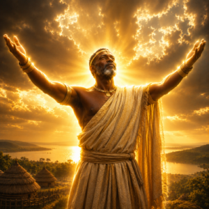 Ggulu, the Baganda sky deity, standing with outstretched arms beneath radiant golden clouds, surrounded by a subtle divine glow.