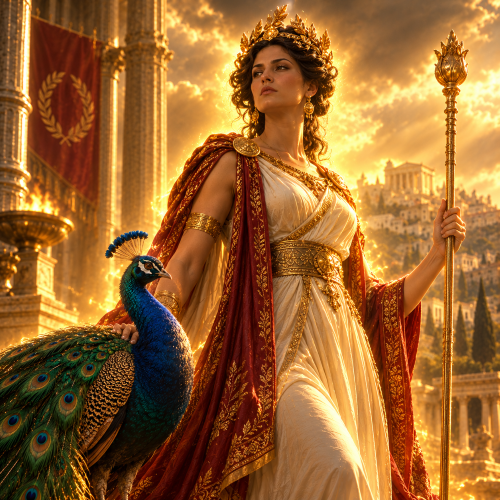 Juno, the Roman queen of the gods, depicted in regal attire with a golden crown and scepter beside her sacred peacock