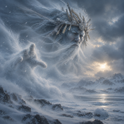 Negafook, the Yup'ik spirit of the North Wind, emerging as a translucent figure from a cold blue Arctic blizzard