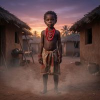 Mythlok - Ogbanje Ogbanje spirit child from Igbo tradition, standing barefoot in a rural West African village