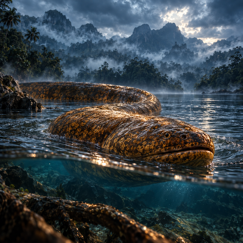 Abaia, the giant magical eel of Melanesian folklore, emerges from a freshwater lake surrounded by misty mountains and dense tropical forest.