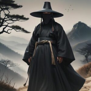 Drawing of Jeoseung Saja, the grim reaper figure in Korean mythology, guiding souls between life and the afterlife.