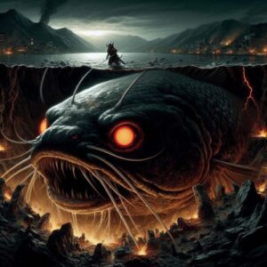 Image of Jishin-namazu, the giant earthquake-causing catfish from Japanese folklore, in mythological art style.