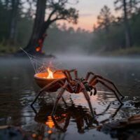 Kanane&rsquo;sgi Amayehi, the Cherokee Water Spider, crossing a dark, mist-covered primordial lake at twilight